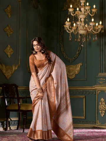 Divine Dusty Brown Soft Dola Silk Printed Saree -Saree Unstitched women's fashion mart