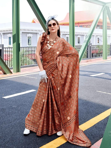 Outstanding Rust Brown Satin Silk Printed Saree -Saree Unstitched women's fashion mart
