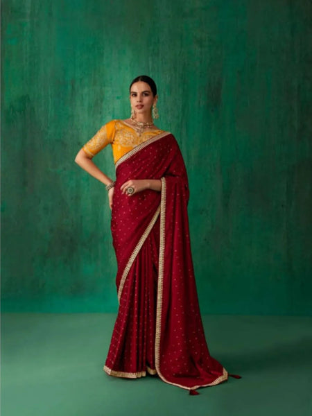 Brilliant Burgundy Satin Jacquard Worked Party Wear Saree - women's fashion mart