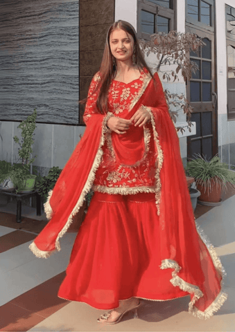 Red colour embroidery sequence work top sharara suit -Designer Suit Default Title women's fashion mart