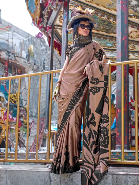 Designer Rust Brown Contemporary Printed Satin Crepe Saree - women's fashion mart