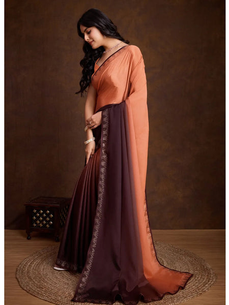 Exquisite Brown Shaded Chinon Swarovski Worked Saree - women's fashion mart
