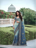 Vibrant Shadow Green Ombre Style Tissue Silk Heavy Embroidered Saree - women's fashion mart