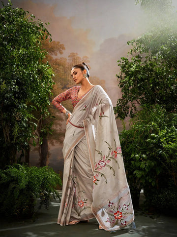 Pristine Pinkish Grey Soft Linen Tissue Hand Brush Printed Saree - women's fashion mart