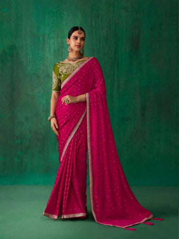 Pristine Pink Satin Jacquard Worked Party Wear Saree - women's fashion mart