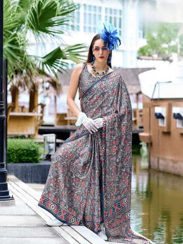 Graceful Grey Satin Silk Printed Saree -Saree Unstitched women's fashion mart