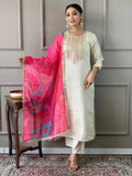 Majestic Off-White Embroidered Viscos Chanderi Salwar Kameez - women's fashion mart