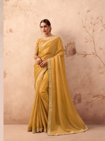 Mesmeric Mustard Fancy Embroidered Party Wear Saree - women's fashion mart