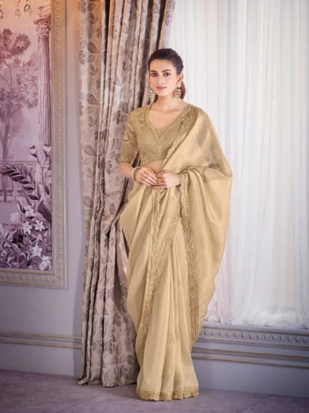 Glorious Golden Tissue Crush Embroidered Saree - women's fashion mart