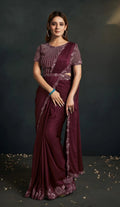 Elegant Wine Satin Silk Crepe Embroidered Ready To Wear Saree - women's fashion mart