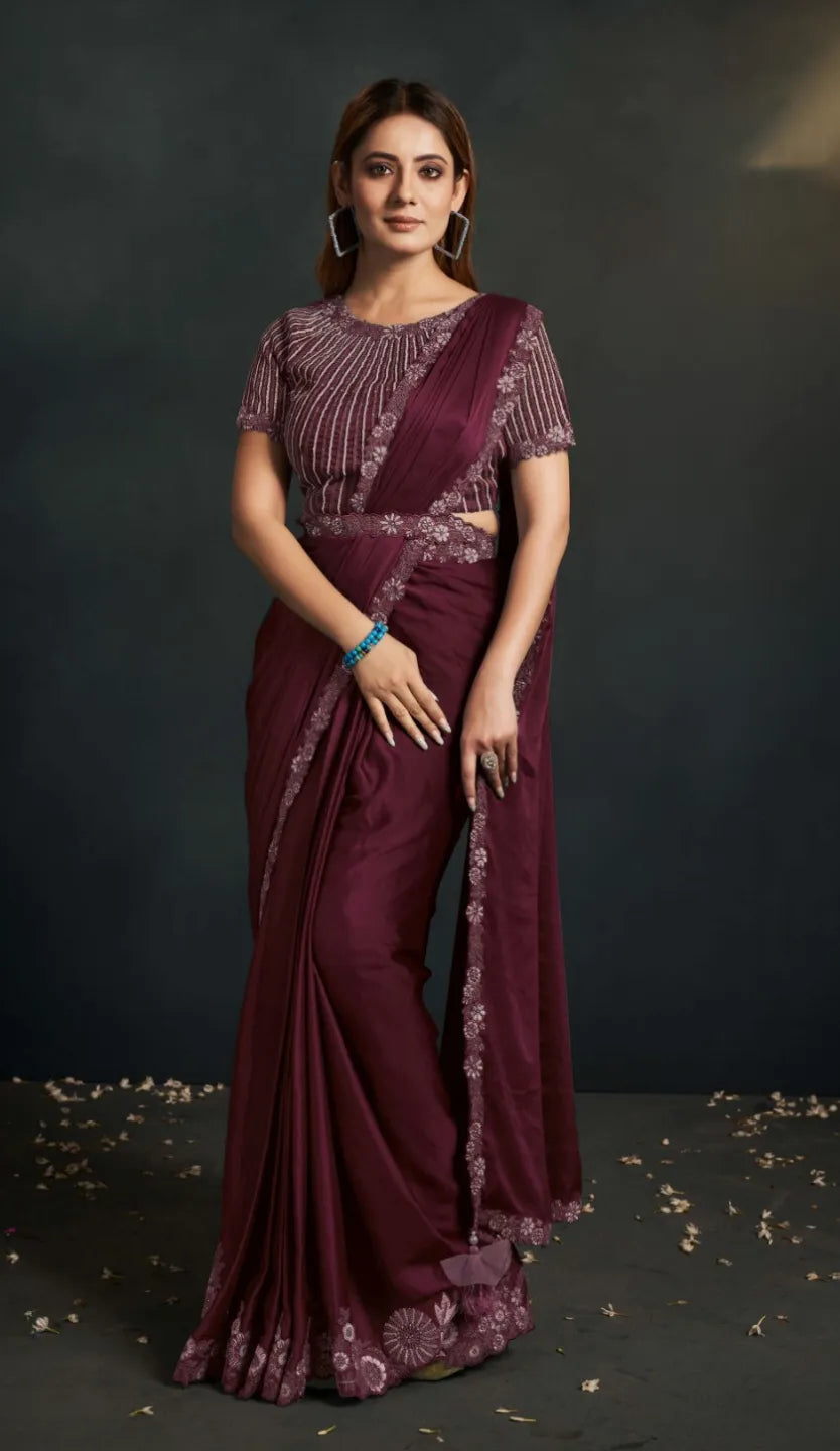 Elegant Wine Satin Silk Crepe Embroidered Ready To Wear Saree - women's fashion mart