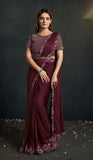 Elegant Wine Satin Silk Crepe Embroidered Ready To Wear Saree - women's fashion mart