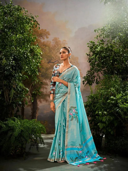 Dreamlike Sky Blue Soft Linen Tissue Hand Brush Printed Saree - women's fashion mart