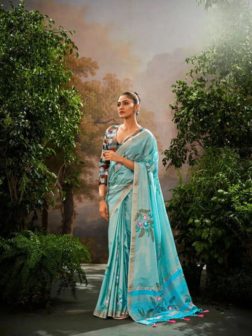 Dreamlike Sky Blue Soft Linen Tissue Hand Brush Printed Saree - women's fashion mart