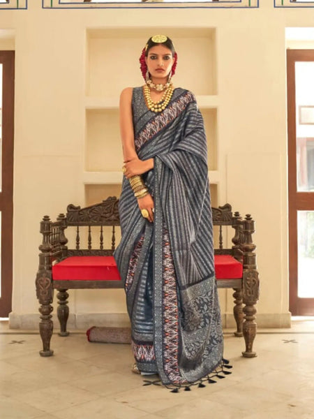 Pleasing and Divine Deep Grey Silk Printed Traditional Saree - women's fashion mart