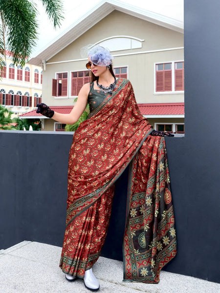Glowing Wine Red Satin Silk Printed Traditional Saree - women's fashion mart