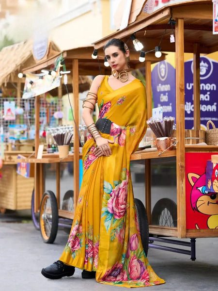 Impressive and Majestic Mustard Pure Georgette Printed Saree - women's fashion mart