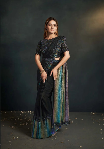 Exquisite Black Silk Georgette Embroidered Ready To Wear Saree - women's fashion mart