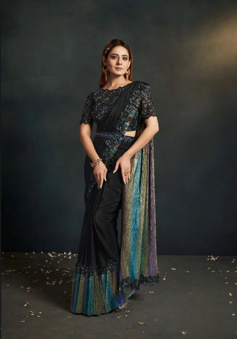 Exquisite Black Silk Georgette Embroidered Ready To Wear Saree - women's fashion mart