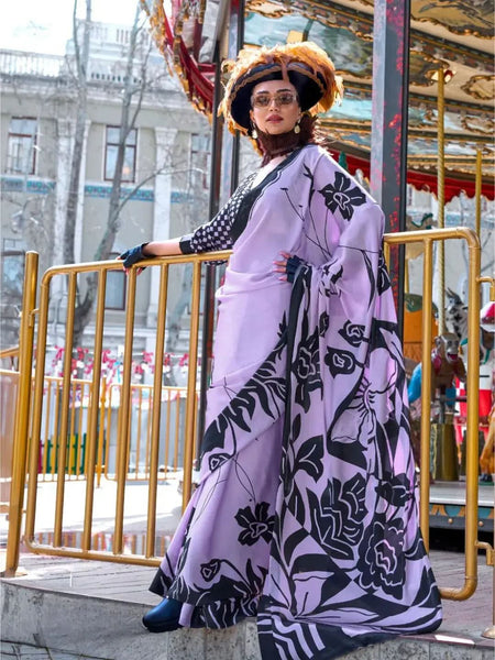 Luxurious Lavender Contemporary Printed Satin Crepe Saree - women's fashion mart