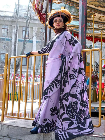 Luxurious Lavender Contemporary Printed Satin Crepe Saree - women's fashion mart