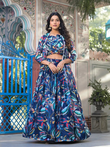 Dreamlike Navy Blue Slim Georgette Floral Printed Lehenga Choli - women's fashion mart