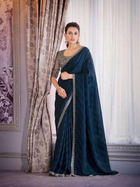 Resplendent Royal Blue Chiffon Shimmer Embroidered Saree - women's fashion mart