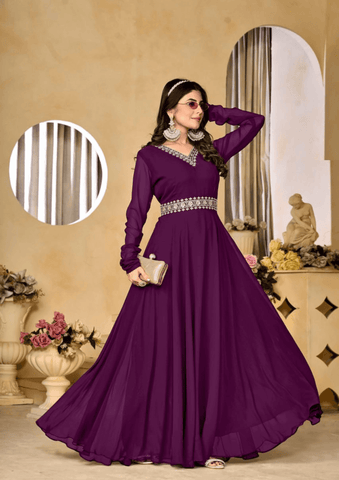 Georgette Wine colour Embroidered A-line Gown -Designer Suit S / Purple women's fashion mart