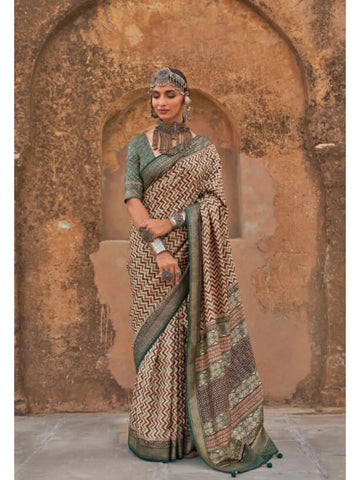 Stunning Olive Viscos Silk Ajrakh and Kalamkari Printed Saree - women's fashion mart