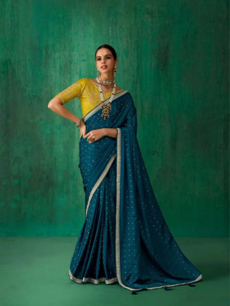 Enchanting Teal Blue Satin Jacquard Worked Party Wear Saree - women's fashion mart