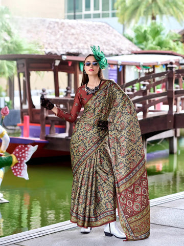 Formidable Dark Beige Satin Silk Printed Traditional Saree - women's fashion mart