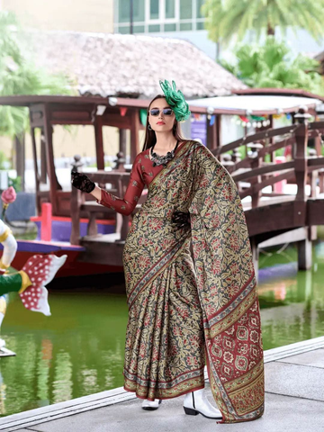 Formidable Dark Beige Satin Silk Printed Saree -Saree Unstitched women's fashion mart