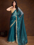 Dazzling Deep Aqua Gold Twill Cutwork Designer Saree - women's fashion mart