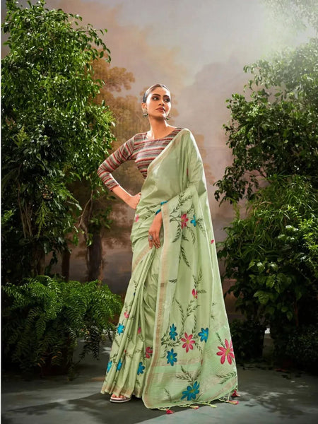 Fantastic Pista Green Soft Linen Tissue Hand Brush Printed Saree - women's fashion mart