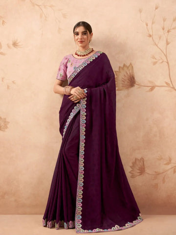 Heartwarming Wine Fancy Embroidered Party Wear Saree - women's fashion mart