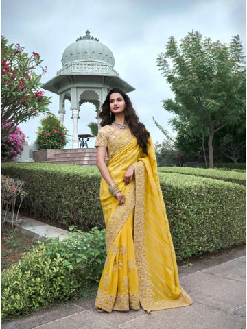 Blazing Yellow Tissue Silk Heavy Embroidered Saree - women's fashion mart