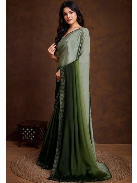Gorgeous Green Shaded Chinon Swarovski Worked Saree - women's fashion mart