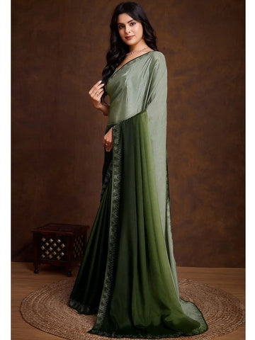 Gorgeous Green Shaded Chinon Swarovski Worked Saree - women's fashion mart
