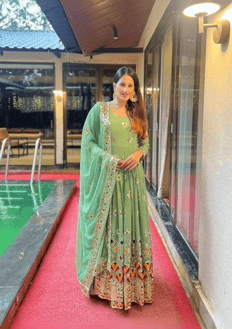 thread embroidery sequence work on georgette Anarkali suit -Anarkali Suit M women's fashion mart