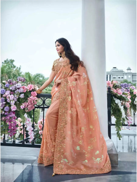 Passionate Peach Tissue Silk Heavy Embroidered Saree - women's fashion mart