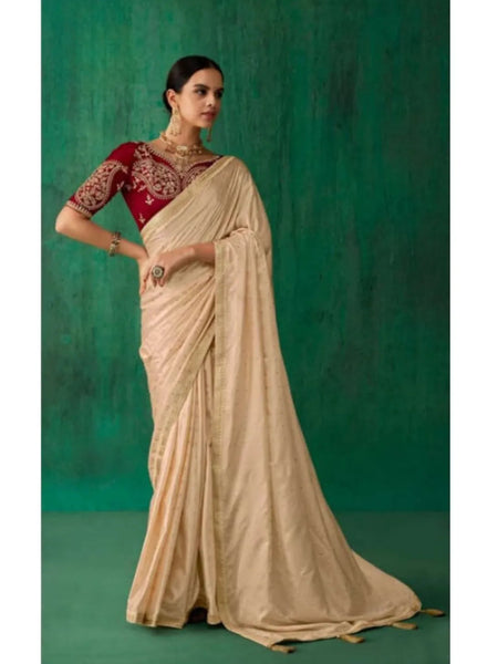 Captivating Cream Satin Jacquard Worked Party Wear Saree - women's fashion mart