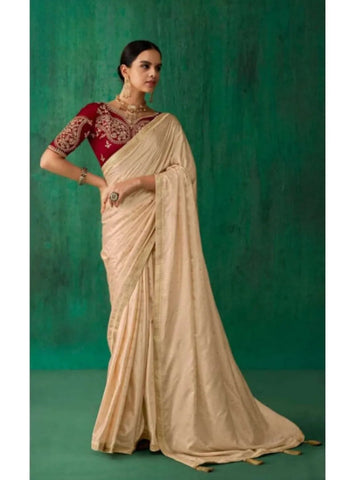 Captivating Cream Satin Jacquard Worked Party Wear Saree - women's fashion mart