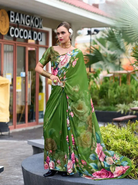 Phenomenal Light Green Pure Georgette Printed Saree - women's fashion mart