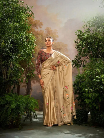 Brilliant Beige Soft Linen Tissue Hand Brush Printed Saree - women's fashion mart