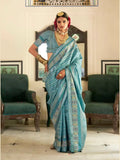 Elegant and Exquisite Aqua Blue Silk Printed Traditional Saree - women's fashion mart