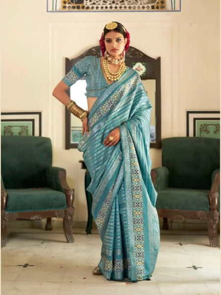 Elegant and Exquisite Aqua Blue Silk Printed Traditional Saree - women's fashion mart