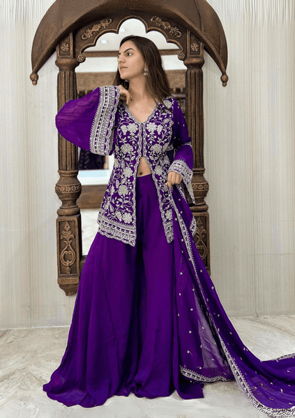 Purple colour thread embroidery work plazo suit -Designer Suit Purple women's fashion mart
