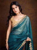 Dazzling Deep Aqua Gold Twill Cutwork Designer Saree - women's fashion mart