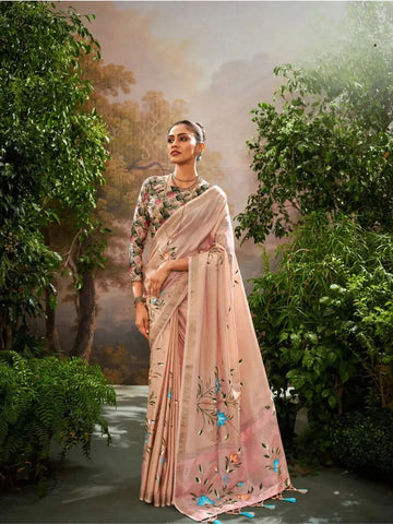 Captivating Cream Soft Linen Tissue Hand Brush Printed Saree - women's fashion mart