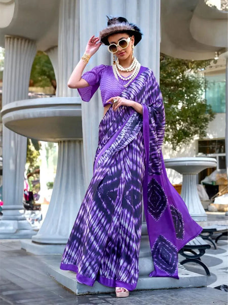 Passionate Purple Contemporary Printed Satin Crepe Saree - women's fashion mart